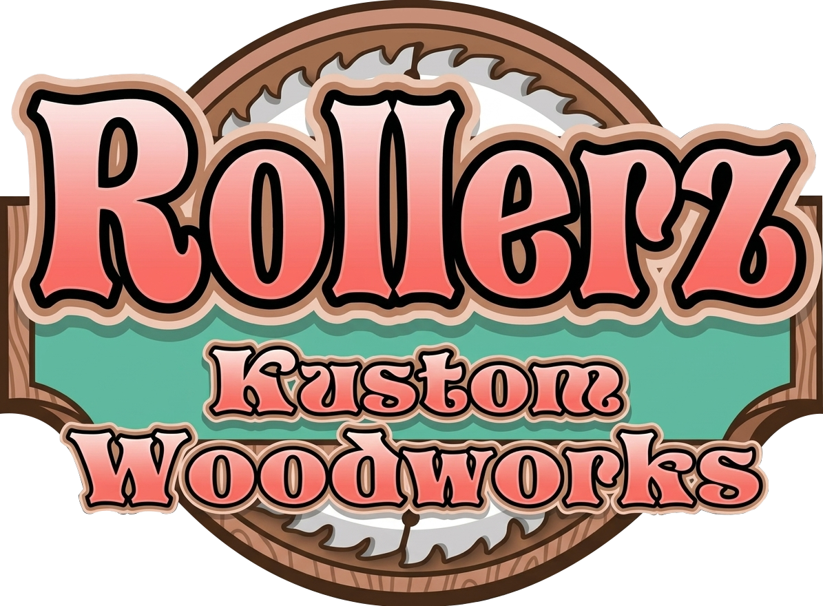 Rollerz Kustom Woodworks logo with pink text on a turquoise and brown sawblade emblem