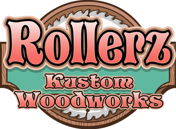 Rollerz Kustom Woodworks logo with pink text on a turquoise and brown sawblade emblem