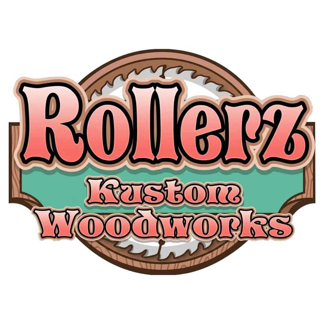 Rollerz Kustom Woodworks logo with pink lettering on a brown circular saw blade background