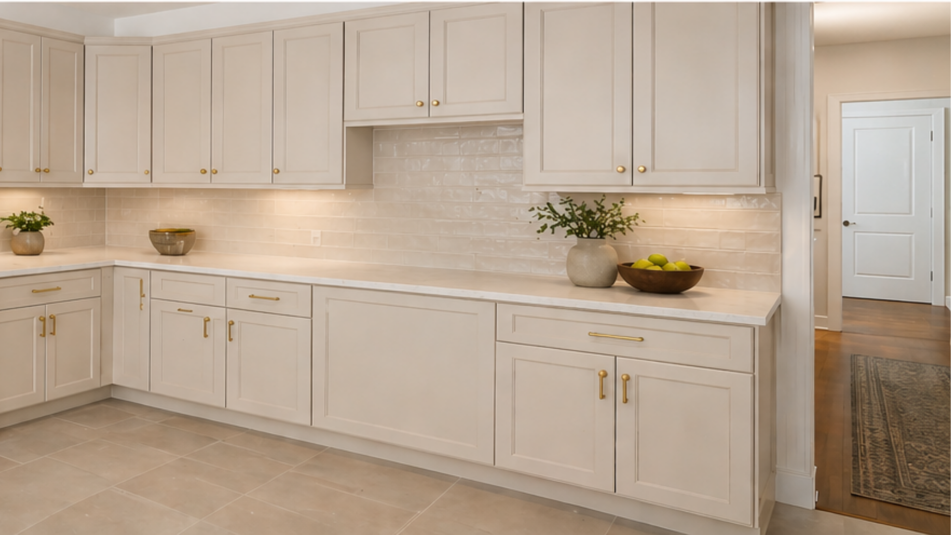 Bright cream kitchen with cabinets, long counter, tiled backsplash, and an open doorway to a hallway.