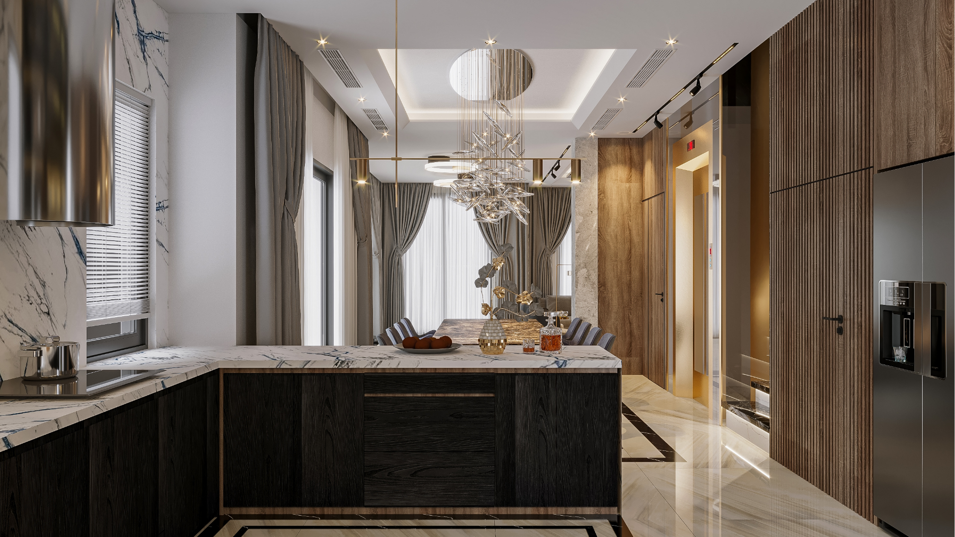 Modern luxury kitchen with marble island, pendant lights, wood accents, and glossy cabinets