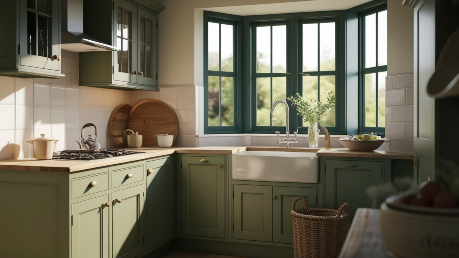 Bright green kitchen with bay window, sink, cabinets, and sunlit countertop.