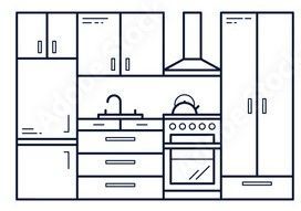 A line drawing of a kitchen with a stove , refrigerator , cabinets and drawers.
