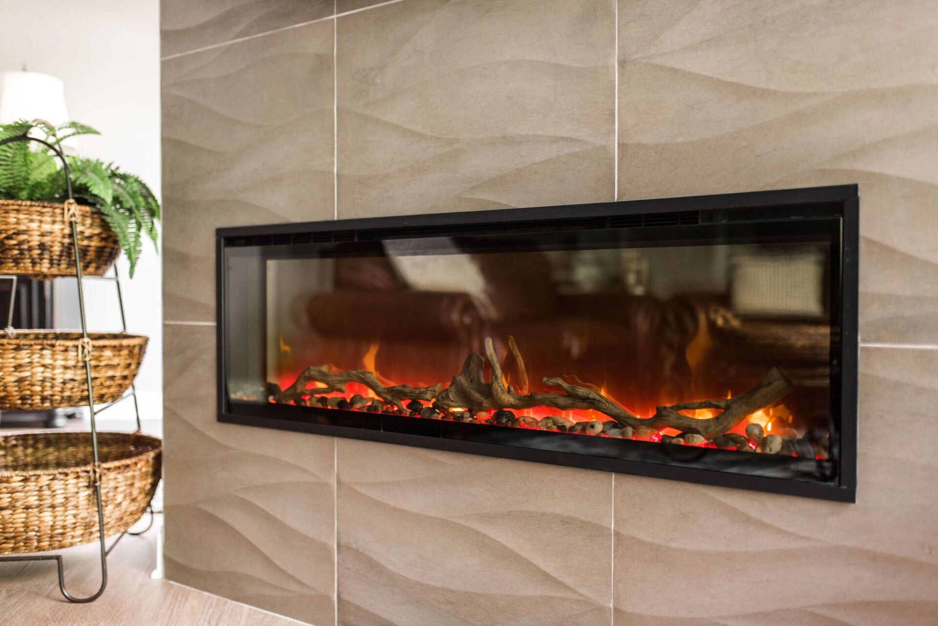 A fireplace is built into the wall in a living room.