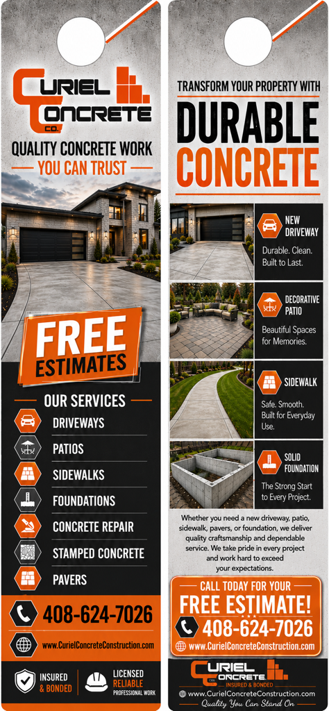 Orange and black concrete service ad with “Free Estimates,” paving photos, and contact info.