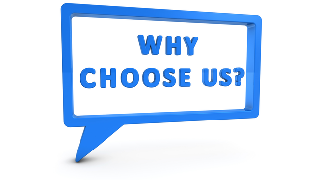 a blue speech bubble that says `` why choose us ''
