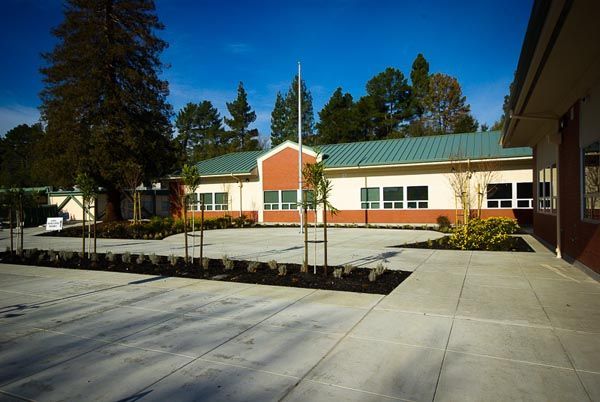 School courtyard with a concrete walkway, small trees, and a red-and-white building under a clear blue sky