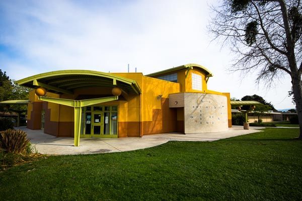 Modern yellow building with curved roof and glass entrance beside a grassy lawn