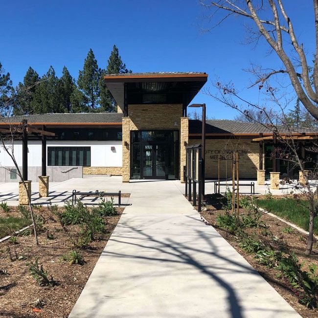 Modern building entrance with a concrete walkway, landscaped beds, and a clear blue sky.