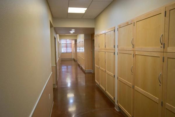 Empty hallway with beige walls, wooden cabinets, and a polished floor leading to windows at the end.