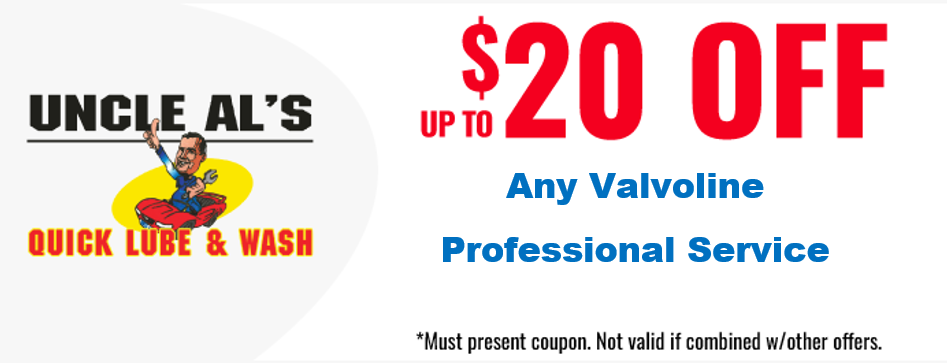 Uncle Al’s Quick Lube & Wash ad: $20 off any Valvoline professional service, red and blue text on white background