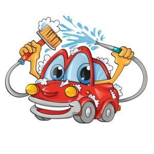 Red cartoon car being washed with soap, brush, and water spray, smiling with big eyes
