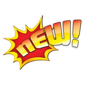 Bold comic-style “NEW!” text in yellow and red with an exclamation mark on a white background