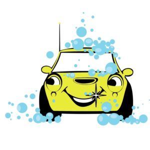 Yellow cartoon car with a smiling face, surrounded by blue bubbles on a white background
