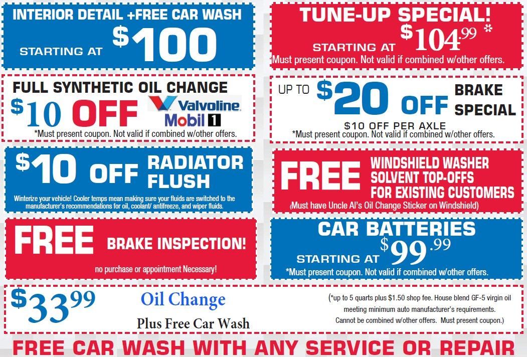 Auto service coupon flyer with blue and red boxes advertising oil changes, tune-up, brakes, and free services