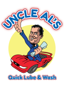Uncle Al’s Quick Lube & Wash logo with a cartoon mechanic standing on a red car and pointing upward