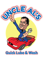 Uncle Al&rsquo;s Quick Lube & Wash logo with cartoon mechanic in red car and blue shirt waving.
