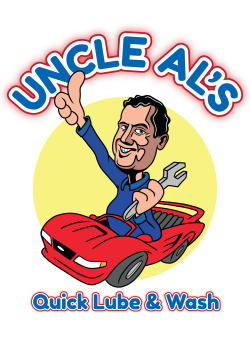 Uncle Al&rsquo;s Quick Lube & Wash logo with cartoon mechanic in red car and blue shirt waving.