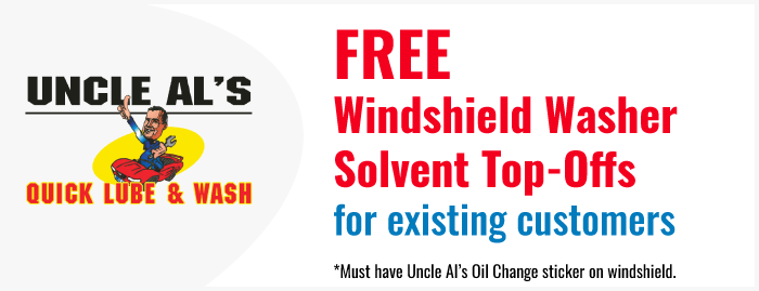 Uncle Al’s Quick Lube & Wash ad: free windshield washer solvent top-offs for existing customers