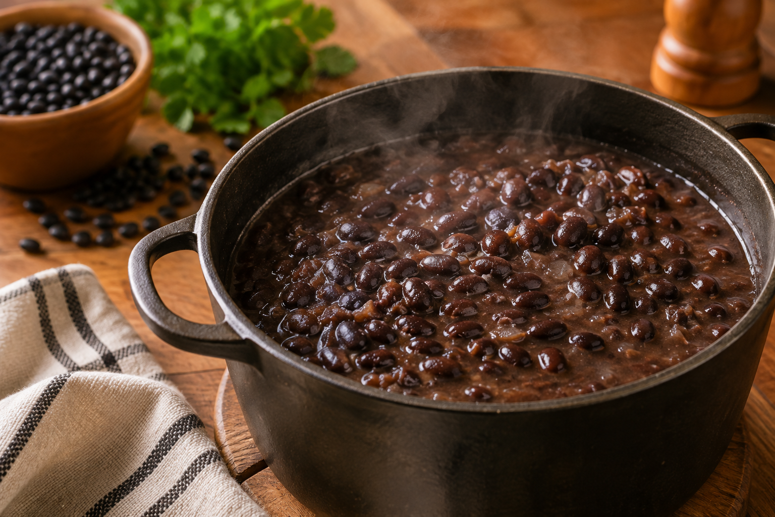 Uma panela de feijão recém-preparado, com grãos aparentes e caldo encorpado, em uma cozinha caseira.