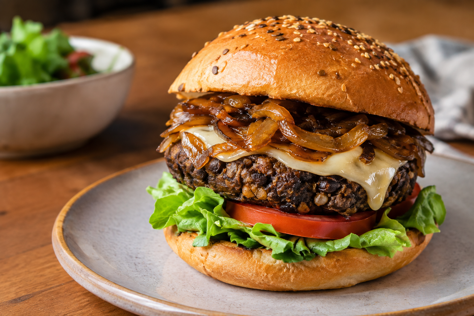 imagem do hambúrguer com cebola caramelizada, queijo, tomate e alface. 