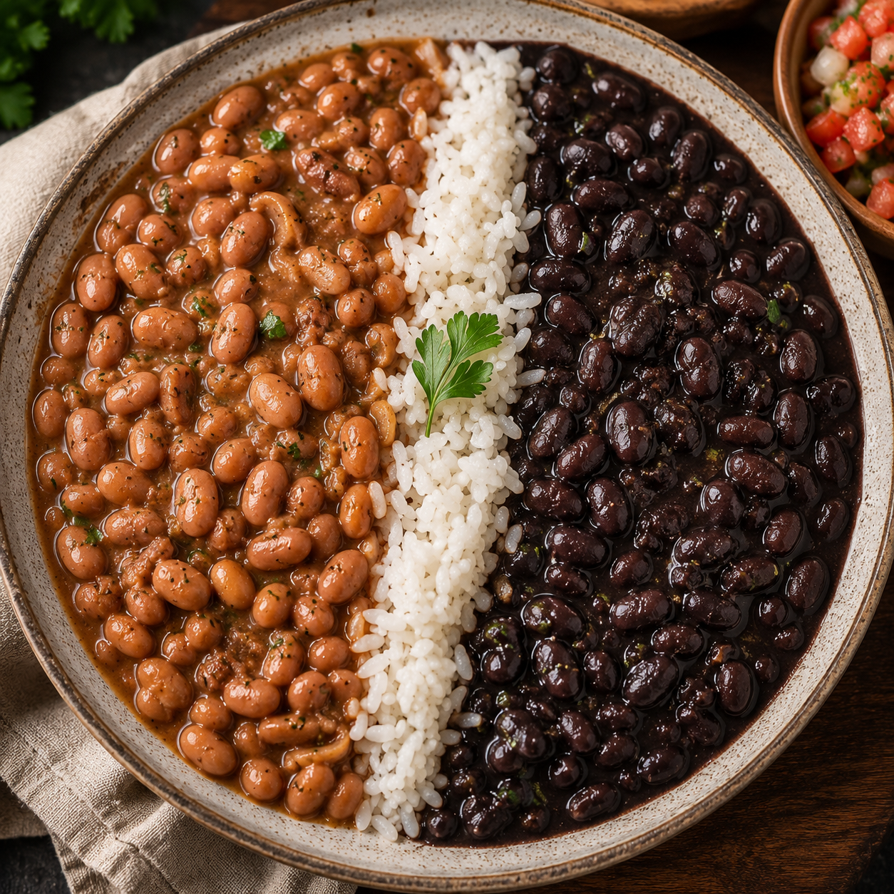 prato dividido entre feijão carioca e feijão preto, com arroz no meio.