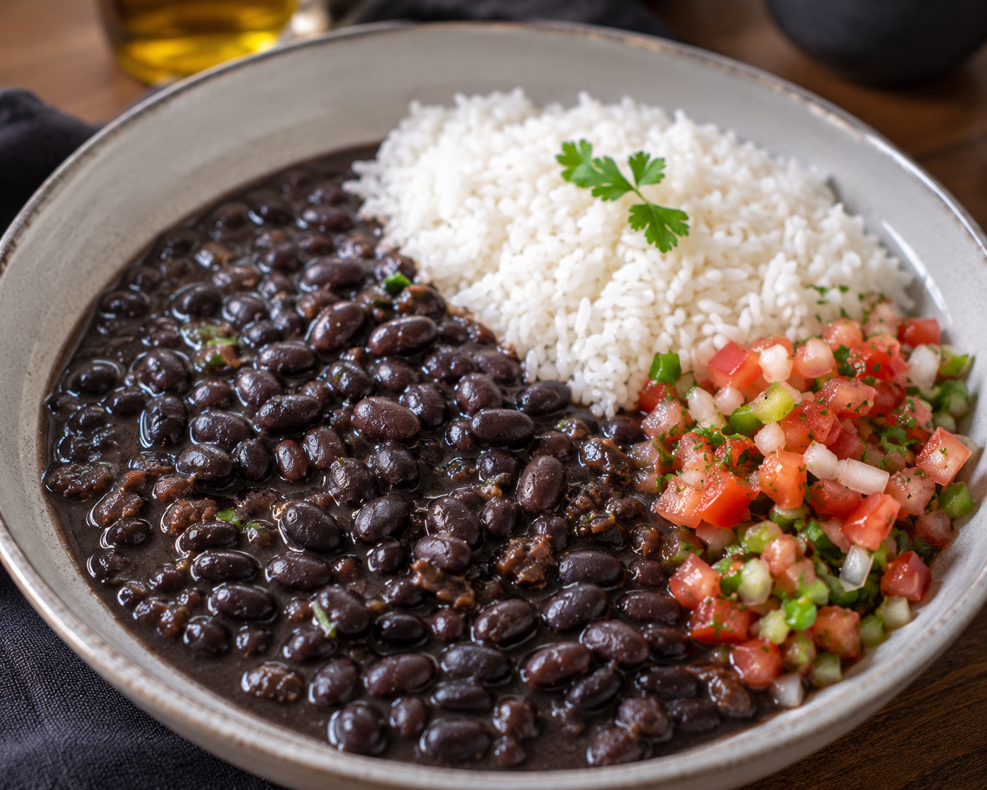 feijão preto, arroz e vinagrete