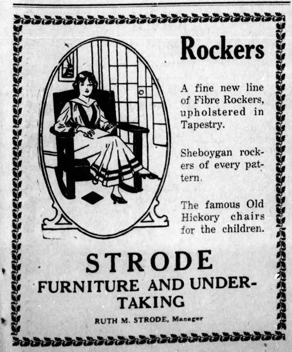 Vintage ad for Rockers and Strude furniture; woman in upholstered rocker beside bold text.