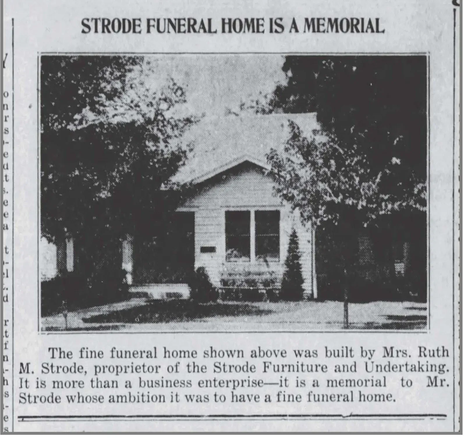Black-and-white newspaper photo of a small house labeled “Strode Funeral Home is a memorial”