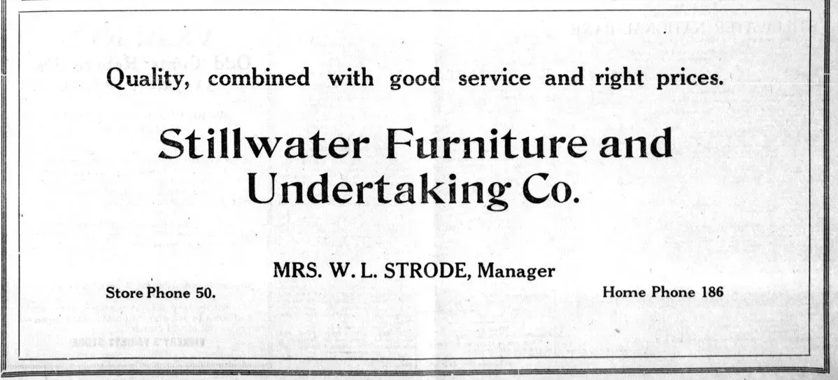Stillwater Furniture and Undertaking Co. business card with slogan and manager name