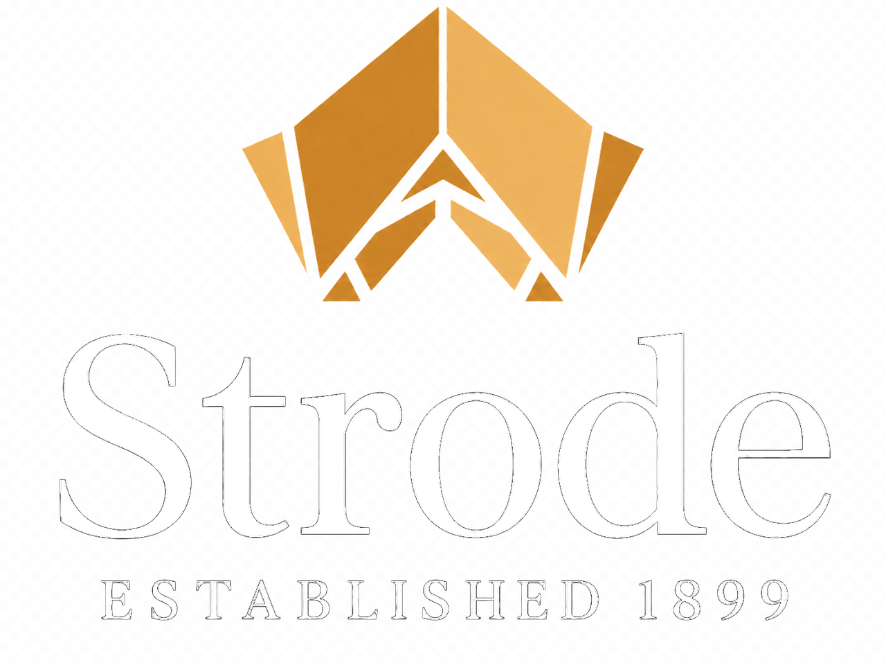 Orange geometric logo above the word “Strode” and “Established 1889” in white serif text.
