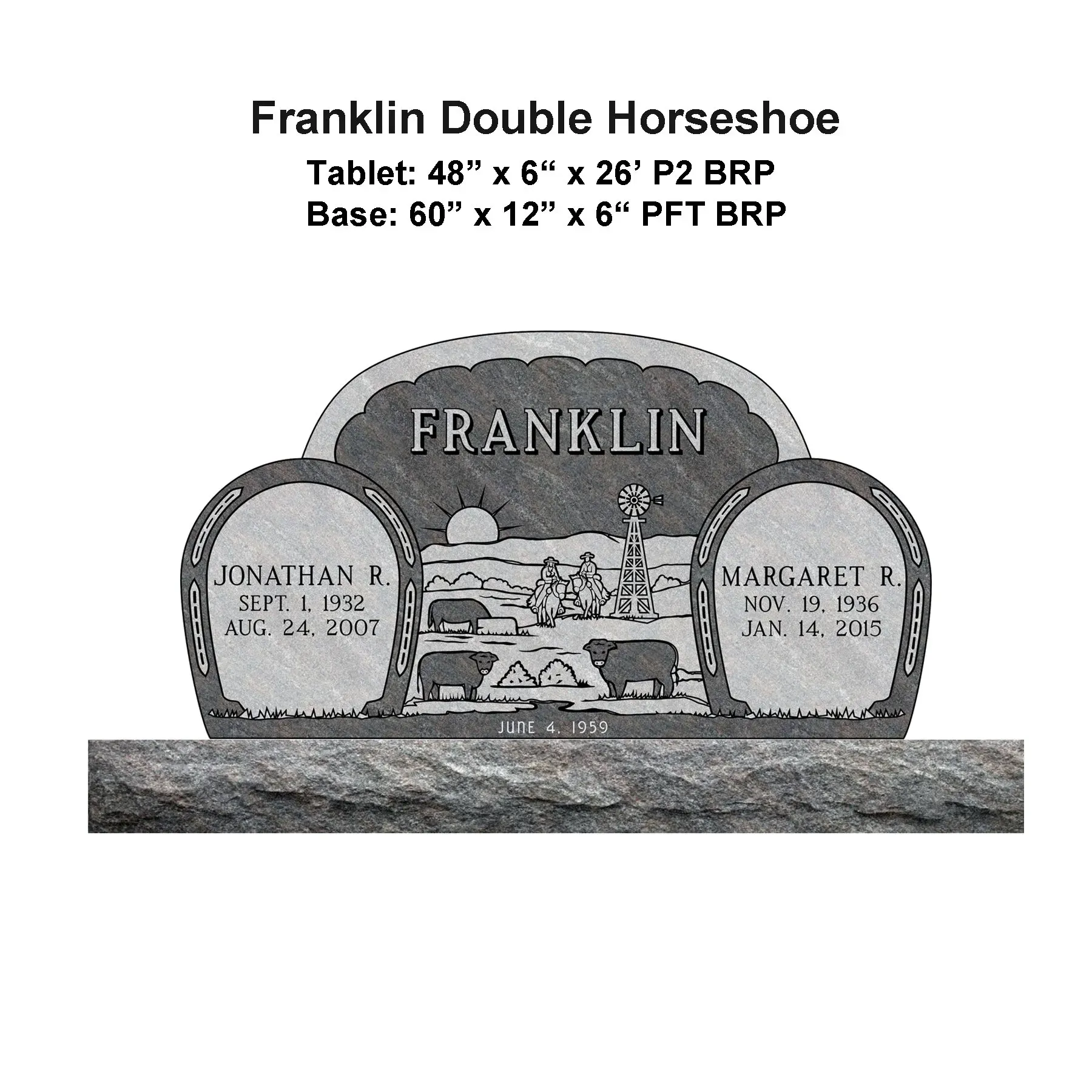 Franklin Double Horseshoe granite memorial with engraved names on a grassy base