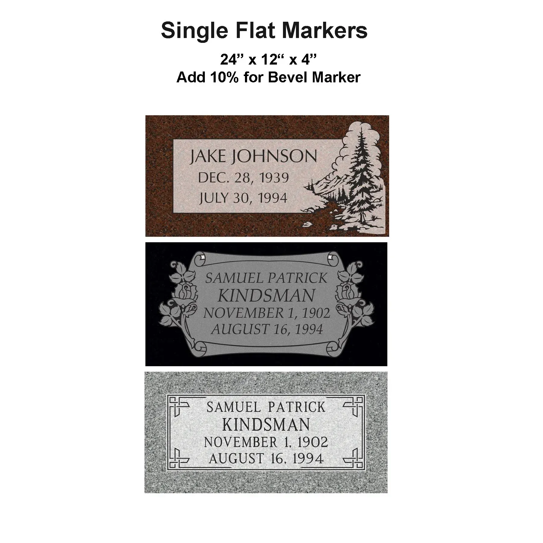 Three flat grave marker designs with engraved names and decorative borders on brown, black, and gray backgrounds