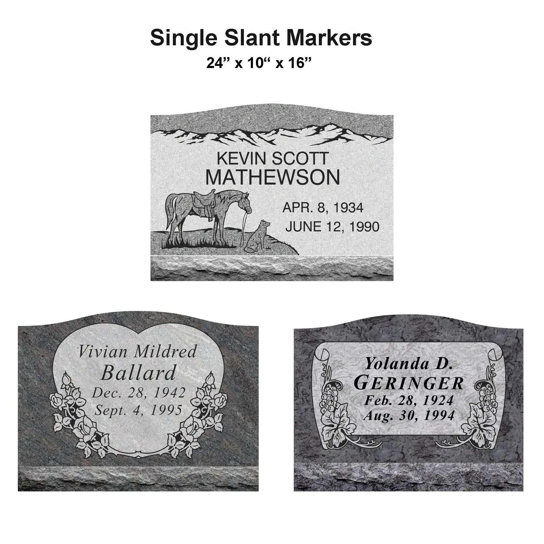 Three engraved slant memorial markers shown in a product display layout