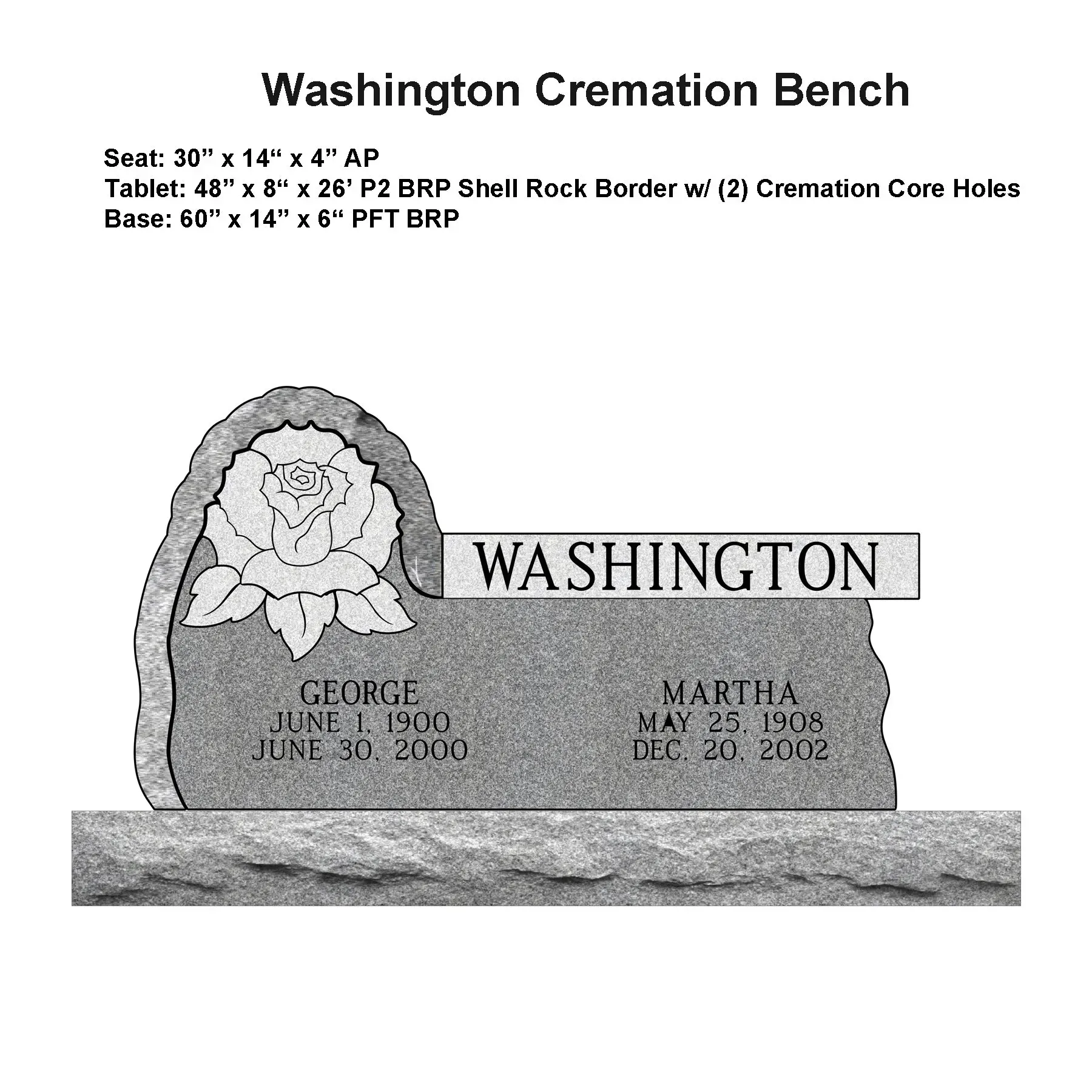 Washington Cremation Bench memorial with carved rose, “WASHINGTON” nameplate, and inscriptions for George and Martha.