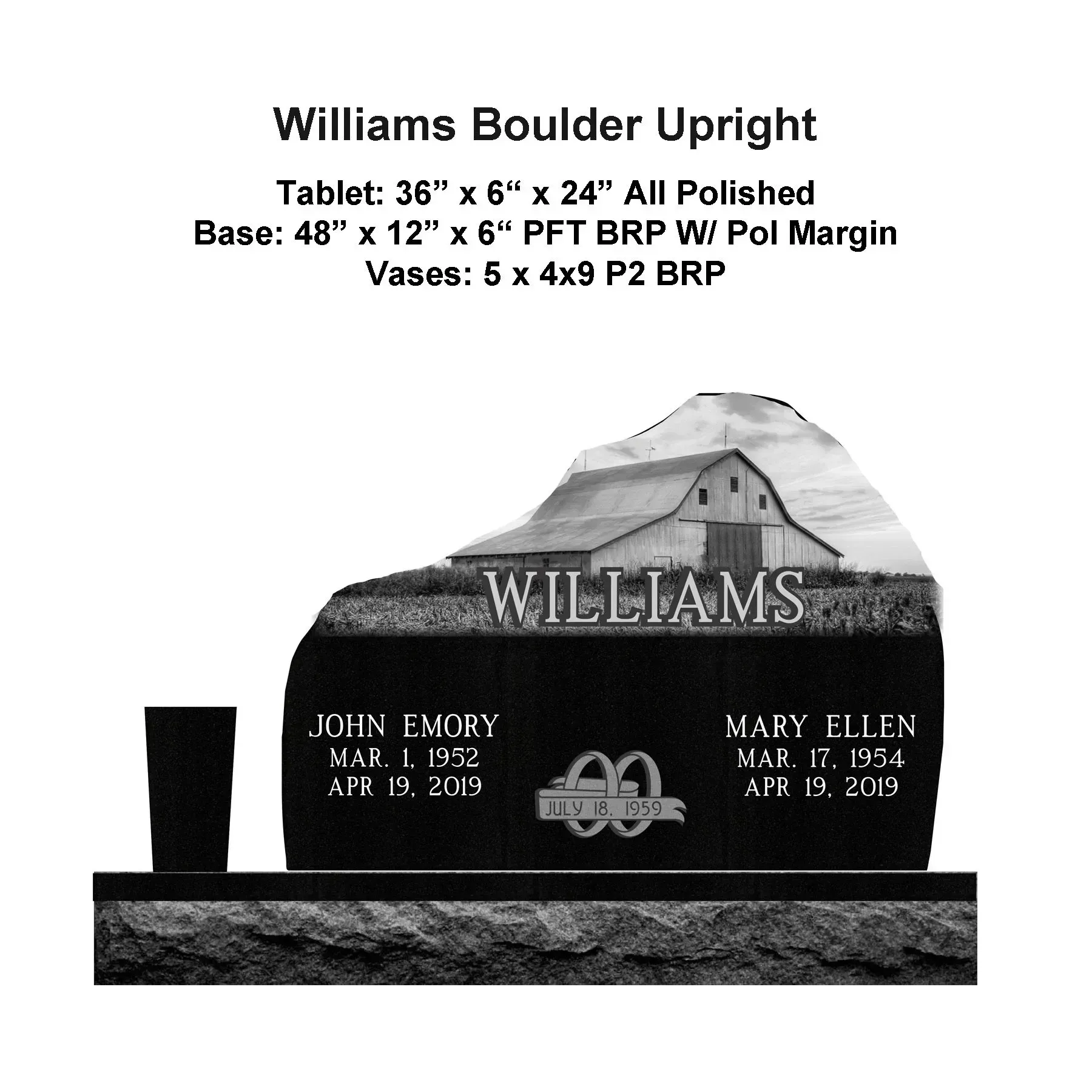 Williams Boulder Upright granite monument with engraved names and flower emblem on a base