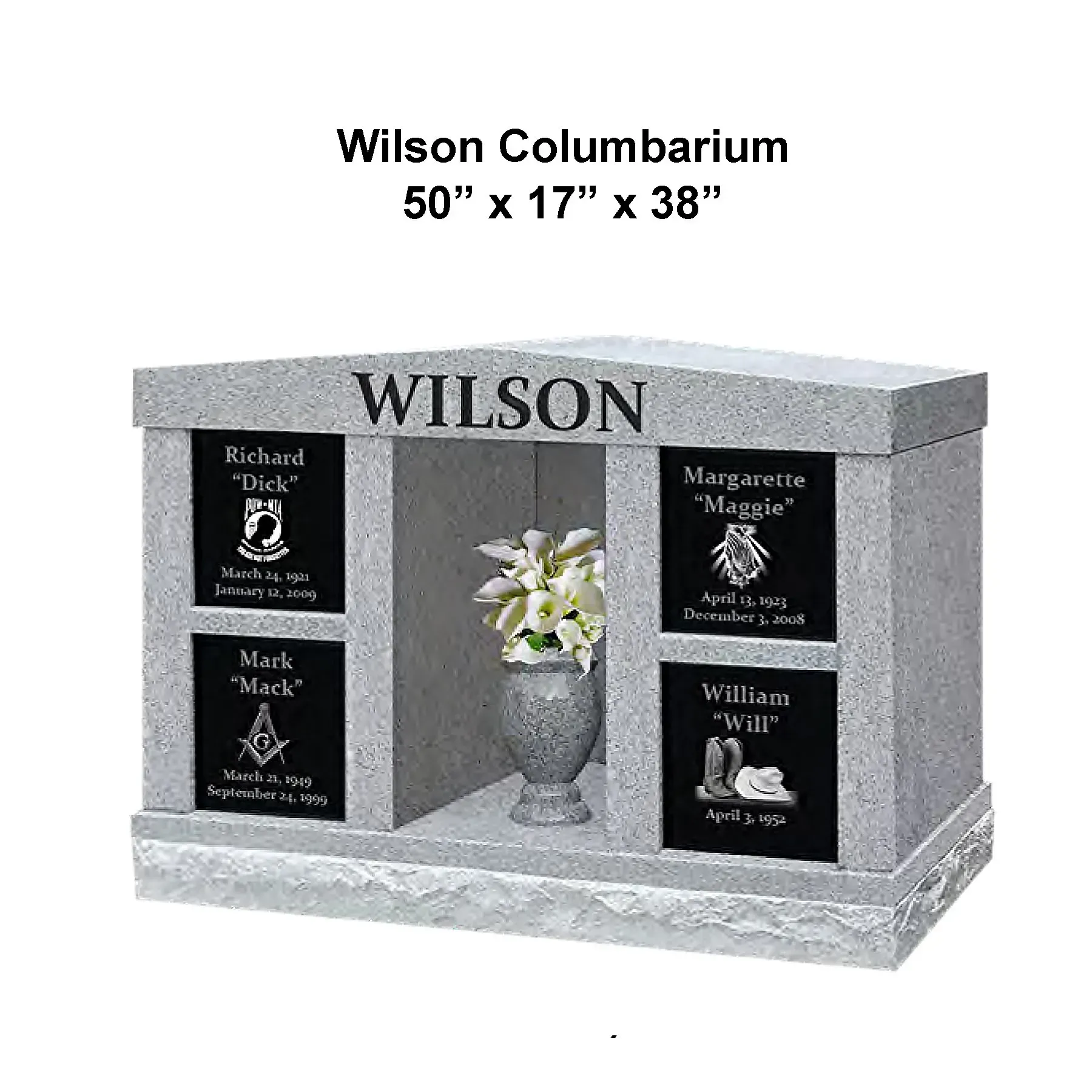 Gray Wilson memorial columbarium with four black name plaques and flowers in the center