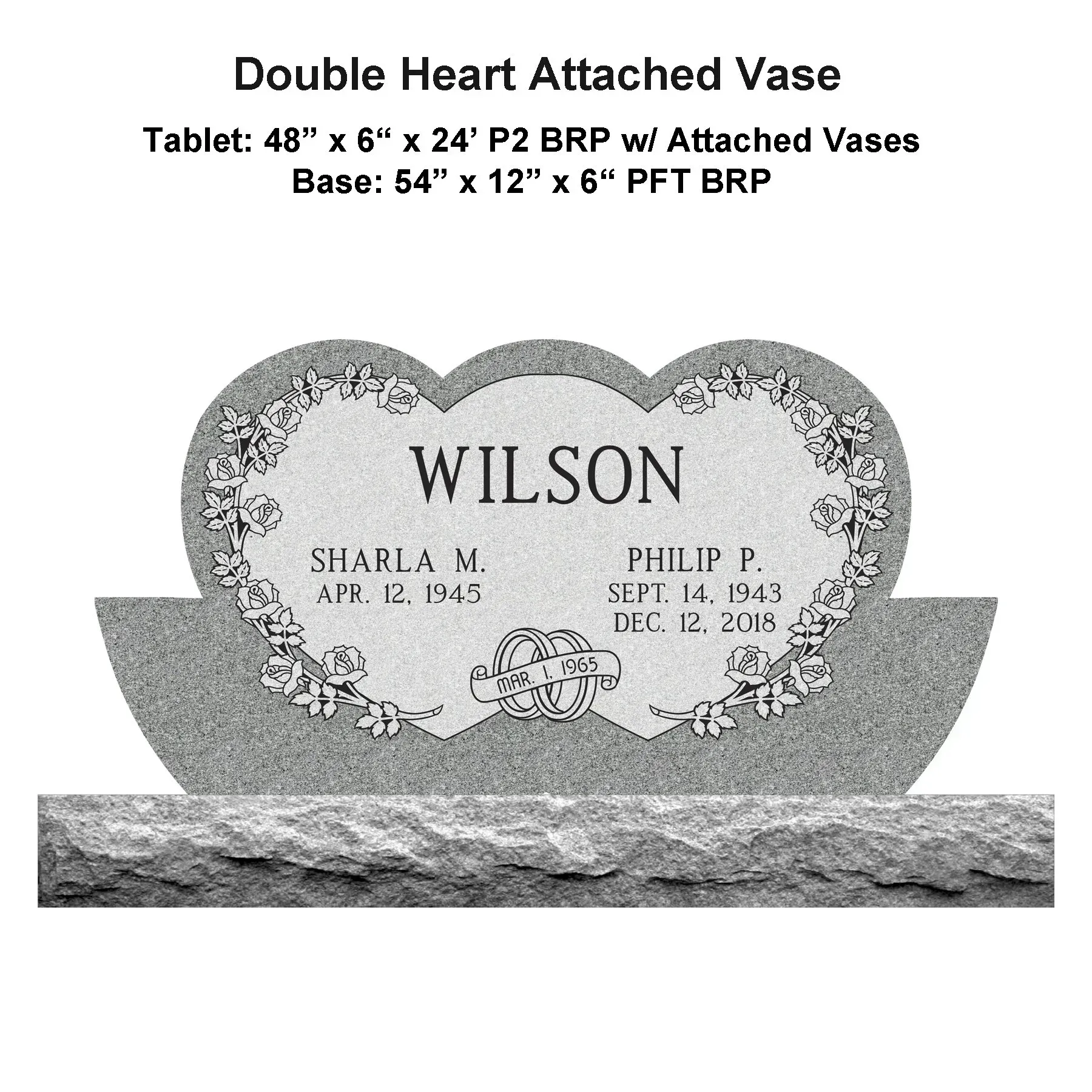 Heart-shaped memorial headstone with names Wilson, Shaila M., and Philip P., on a granite base.