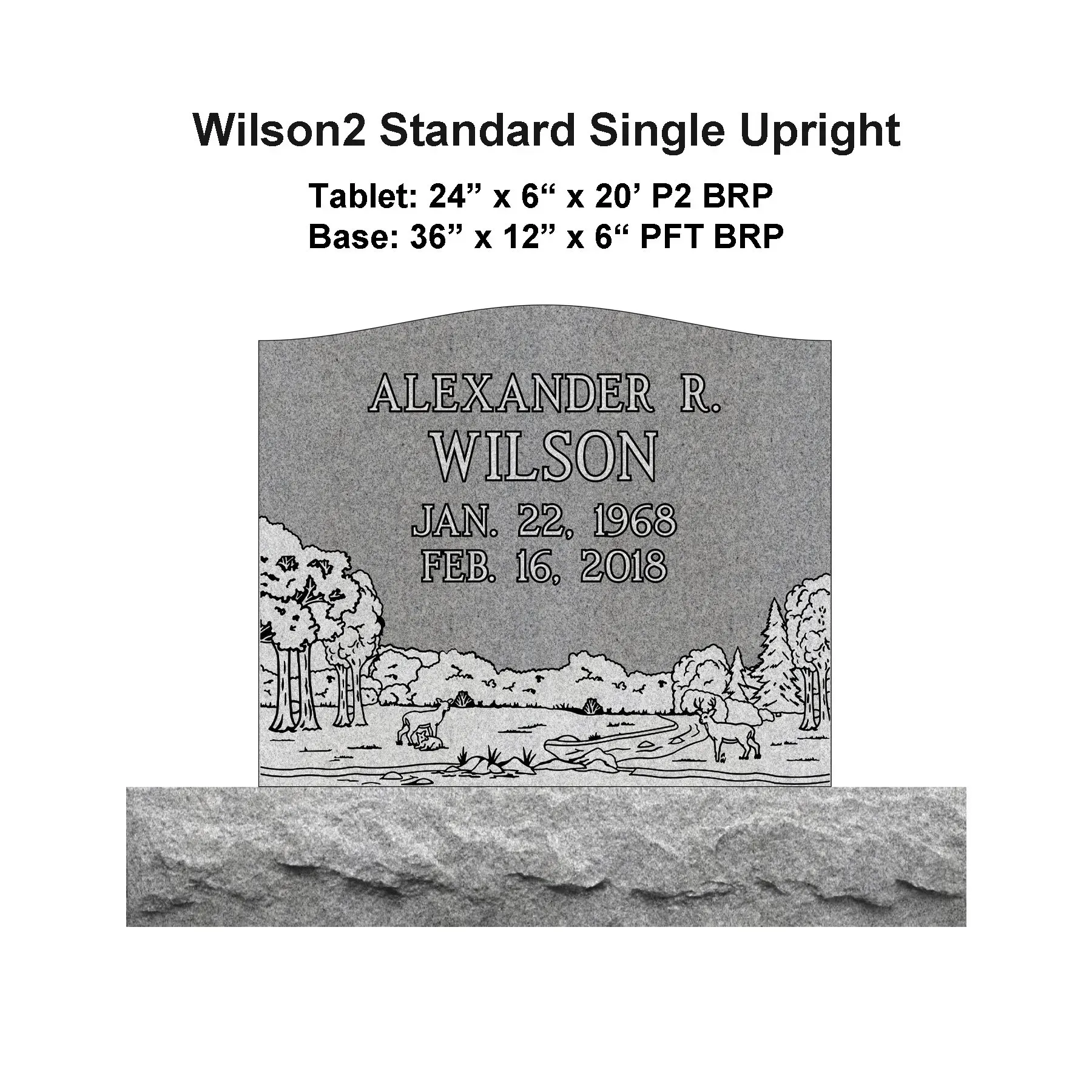 Gray upright cemetery headstone with engraved name and dates, shown with a matching base on a white background