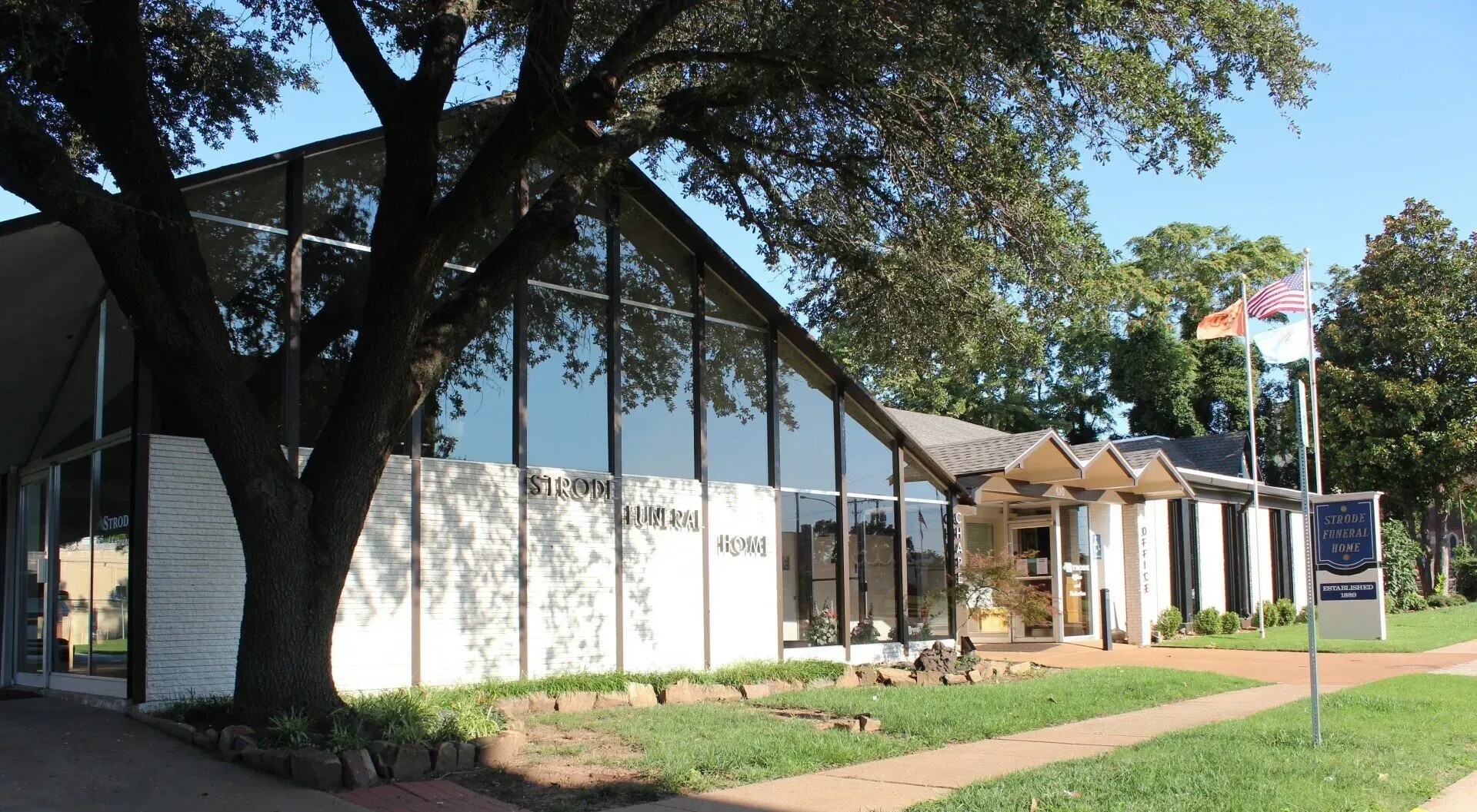 Modern building with glass windows and a tree-lined walkway under a blue sky