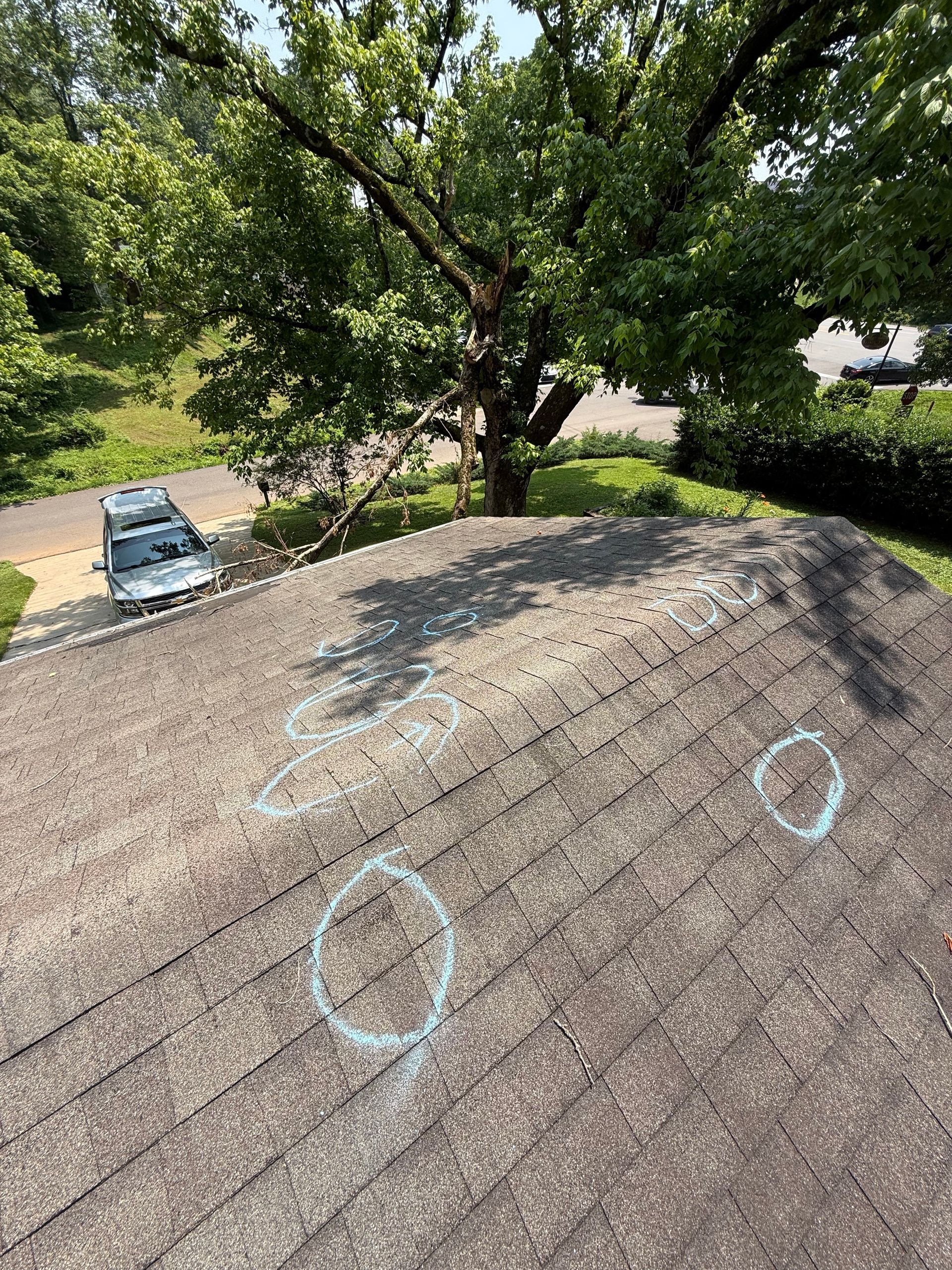 A roof with a car parked on it and a tree in the background.