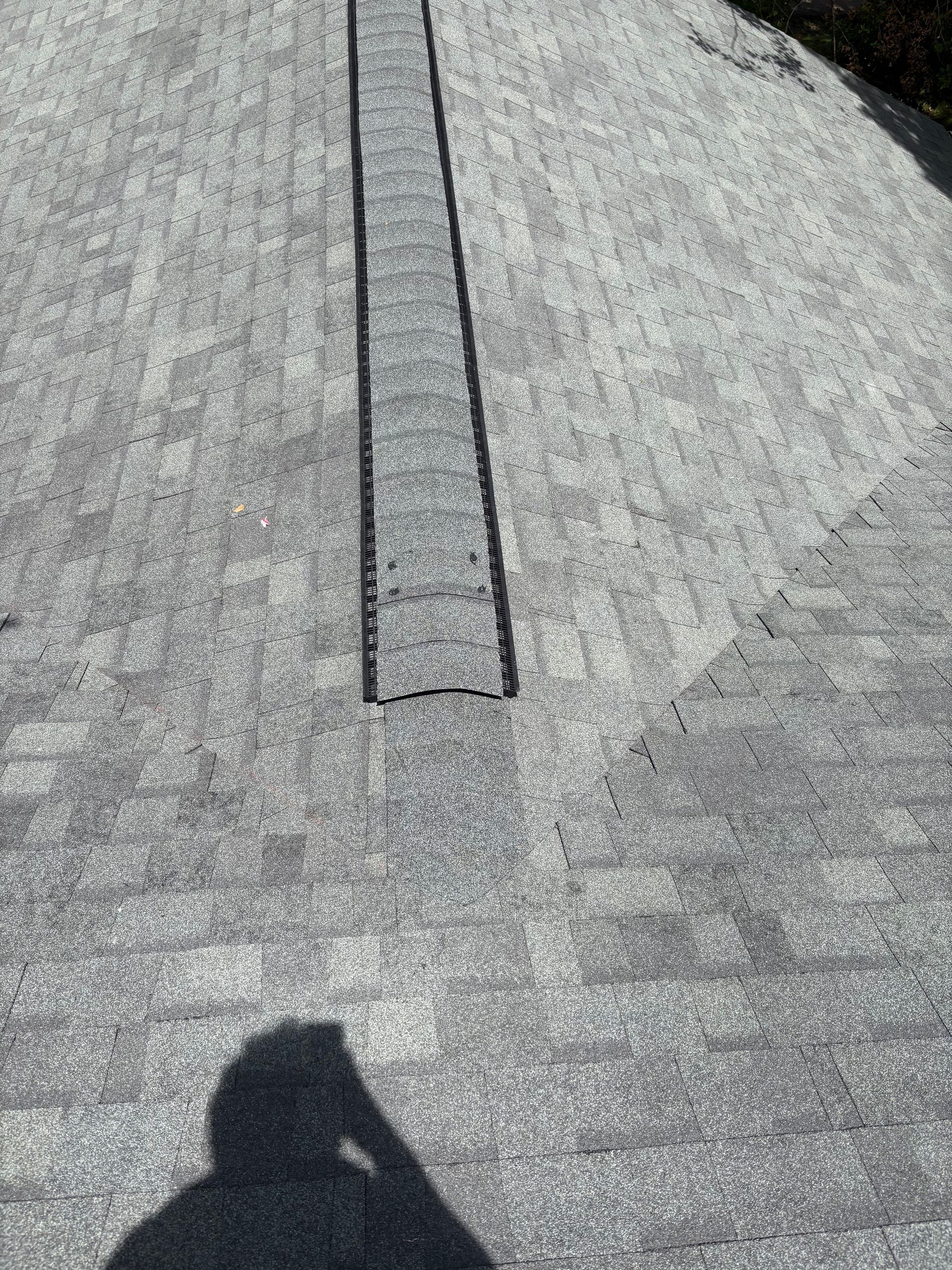 A shadow of a person is cast on a roof.