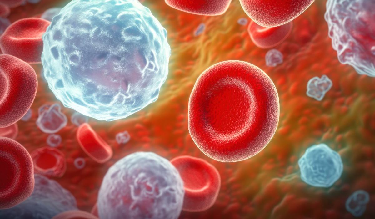 Illustration of red and white blood cells flowing through a blood vessel