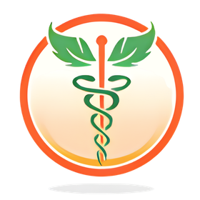 Green caduceus-style medical symbol with wings made of leaves and a circular border on a light orange background