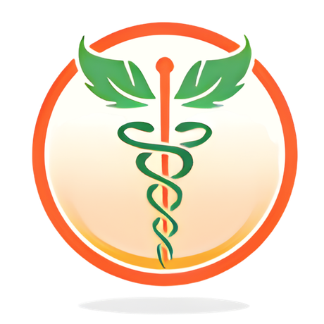Green caduceus-style medical symbol with wings made of leaves and a circular border on a light orange background
