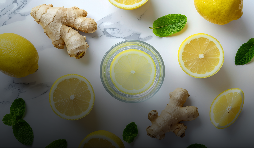 Lemon ginger drink in a glass surrounded by sliced lemons, ginger roots, and mint on a light background
