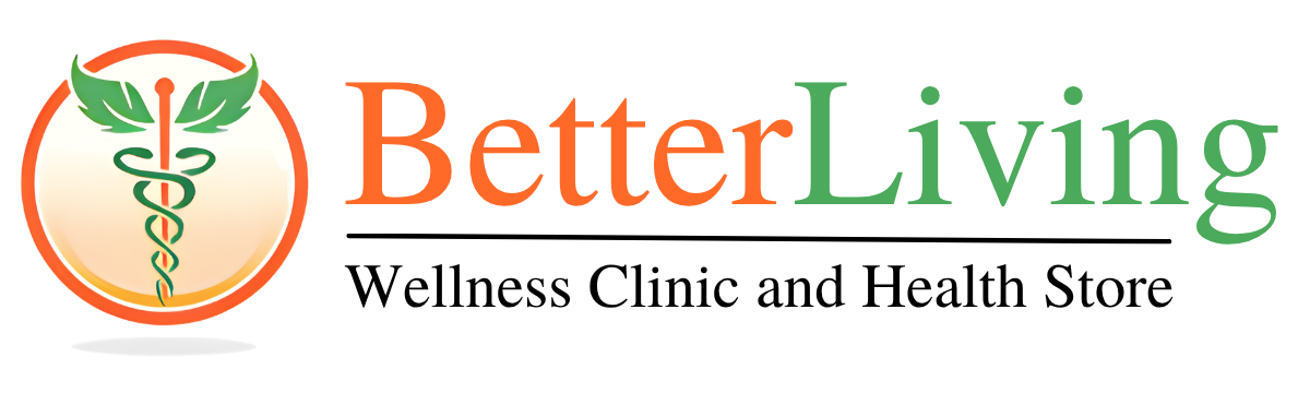 Better Living Wellness Clinic and Health Store logo with green and orange text, and caduceus