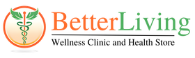 Better Living Wellness Clinic and Health Store logo with green and orange text, and caduceus
