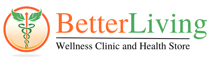 Better Living Wellness Clinic and Health Store logo with green and orange text, and caduceus