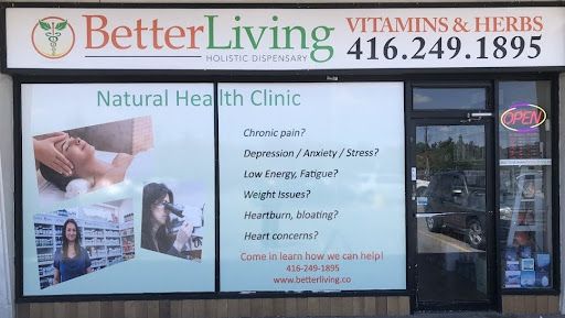 Storefront sign for Better Living Wellness Clinic & Health Store, featuring the phone number 416-249-1895.